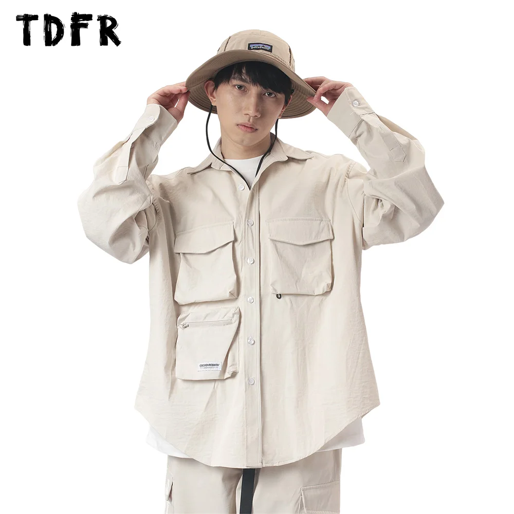 

Pocket Cargo Shirts Solid Color Mens Casual Loose Safari Style Lapel Single Breasted Curved Hem Long Sleeve Shirts Men