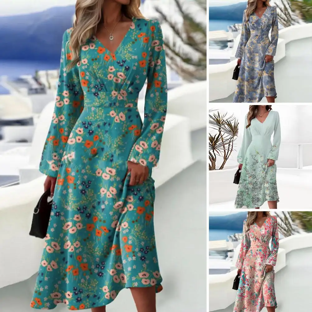 

Women Midi Dress Flower Print A-line Midi Dress Elegant V Neck Loose Hem High Waist for Prom Parties Spring/fall Fashion Spring