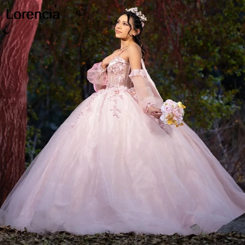 

Lorencia Pink Quinceanera Dress Detachable Sleeve Beading 3D Flowers Applique Mexican Sweet 16 Gown Vestidos De 15 Años YQD677