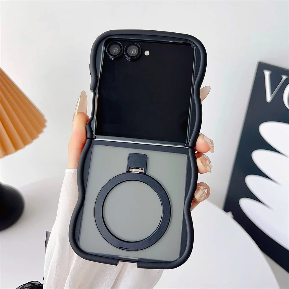 Luxury Wave Frame Magnetic Folding Stand Phone Case - Solid Color Matte Translucent Protective Cover
