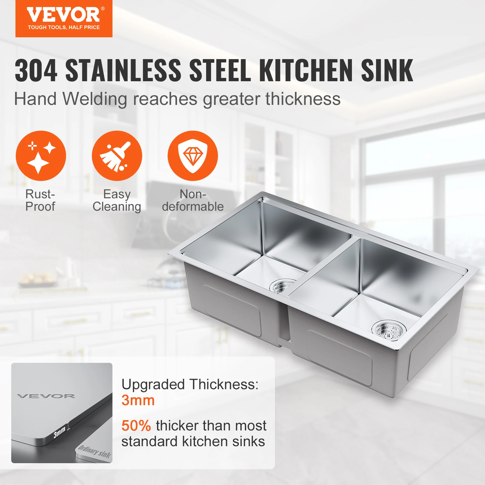 VEVOR 33inch  Kitchen Sink  Single/Double Bowl Stainless Steel Sink Workstation Step Sink with Cutting Board and Basket Strainer 2