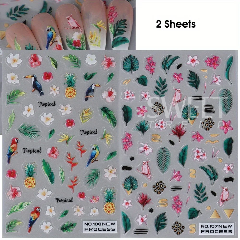 2pcs Tropical Green Leaf Designs Nail Art Stickers Palm Leaves Hibiscus Birds Decals Spring Summer DIY 3D Designs Manicure Tips