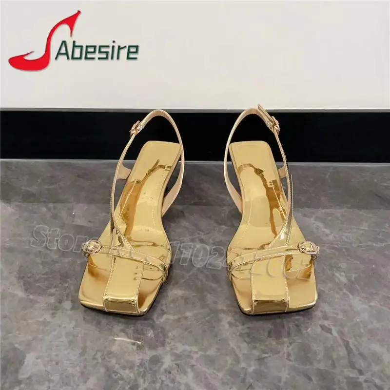 

Silver Gold Kitten Heel Women Sandals Summer New Square Toe Slip On Back Strap Pumps Rome Gladiator Sandal Elegant Casual Shoes