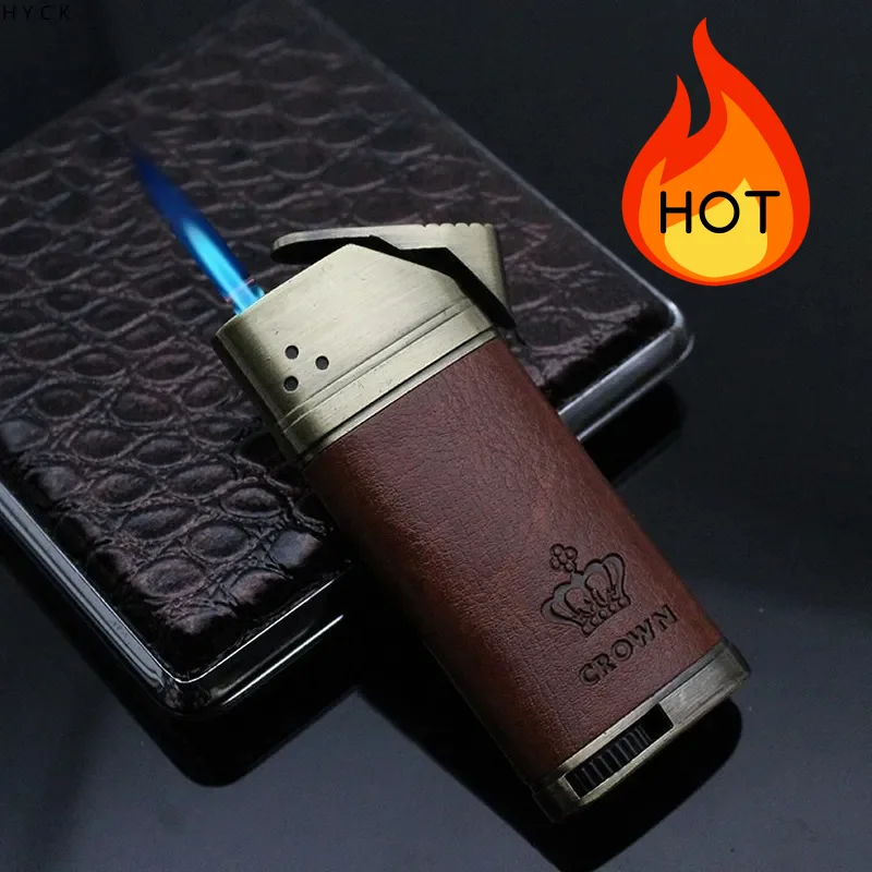 

HOT Metal Leather Turbine Windproof Blue Flame Gas Lighter Outdoor Kitchen Torch Cigar Large Fire Windproof Lighter Men's Gift