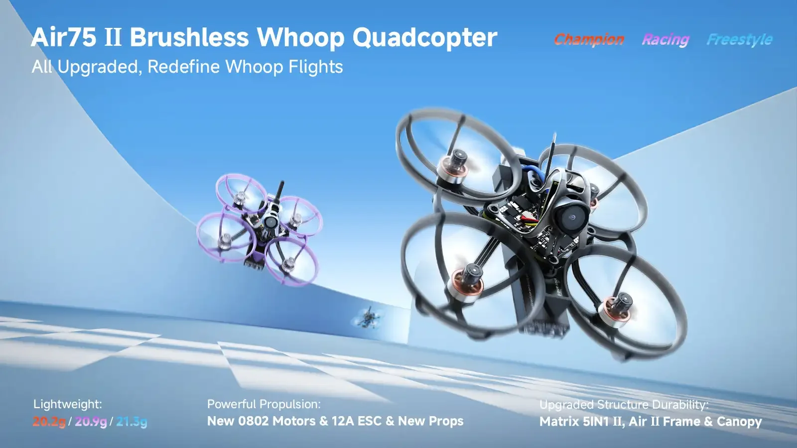 Drone FPV Air65 II 1S Whoop Ultraléger en configuration Freestyle, montrant sa robustesse pour les figures.