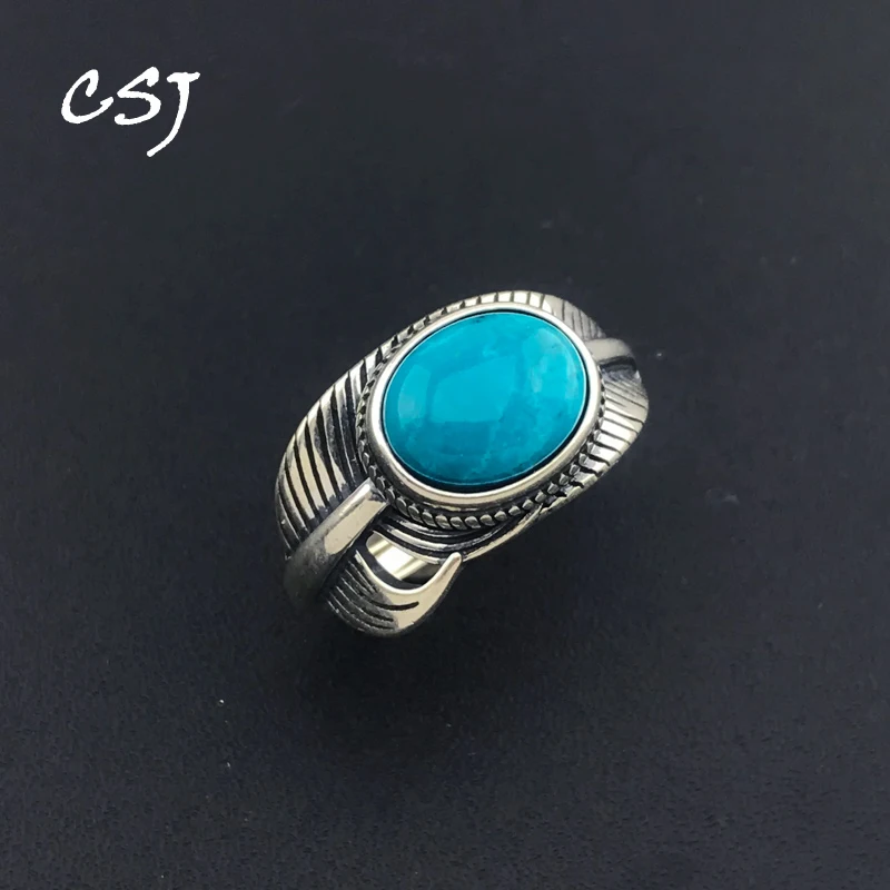 

CSJ Vintage Natural Turquoise Rings 925 Sterling Silver Gemstone Oval 8*10mm for Women Party Birthday Bohemian Jewelry Gift
