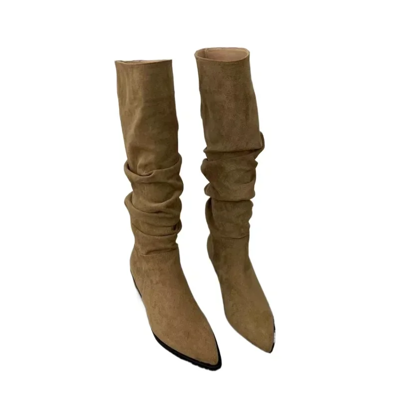 Women Knee High Boots Autumn Winter Female Shoes Fashion Female Slip-on Folds Low Heel Round Toe Flat Long Boots Botas De Mujer - 5