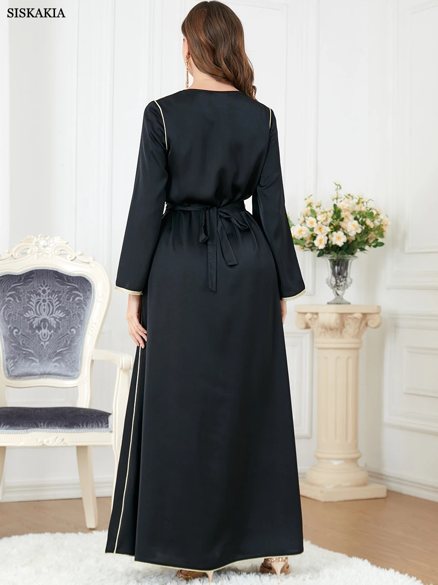 Floral Embroidery Guipure Lace Panel Belted Dress Elegant V nek Long Dresses Black Abaya Muslim Women