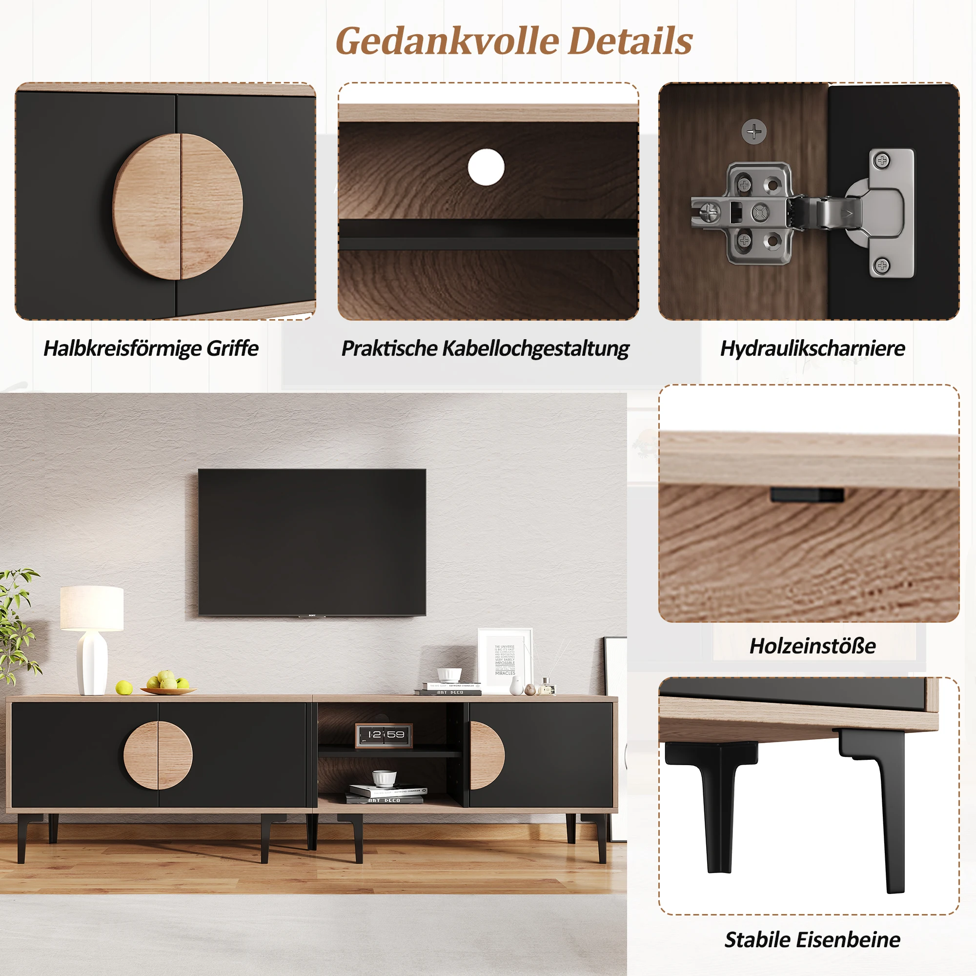 180 x 35 x 49 cm großer Lowboard-TV-Schrank, TV-Ständer für das Wohnzimmer, TV-Schrank mit 2 Schränken, TV-Tafel mit offenen Regalen – Detail 15