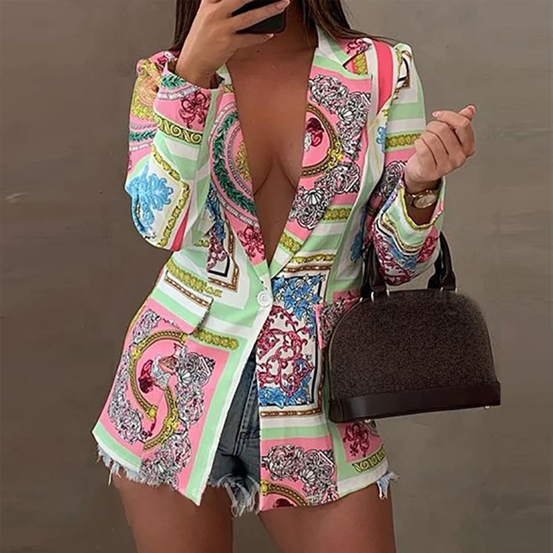 

Women Cardigan Suit Jacket Retro Pattern Print Office Lady Slim Blazer Elegant Turn-down Collar Button Fashion Coats Streetwear