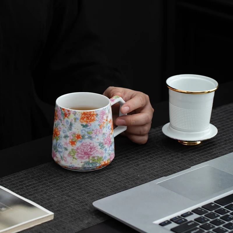 Chinese Style Ceramic Cartoon Floral Pattern Mug, Personal Creative Teacup, With Cover Filtered Tea Water Separation, 350ml, 1Pc