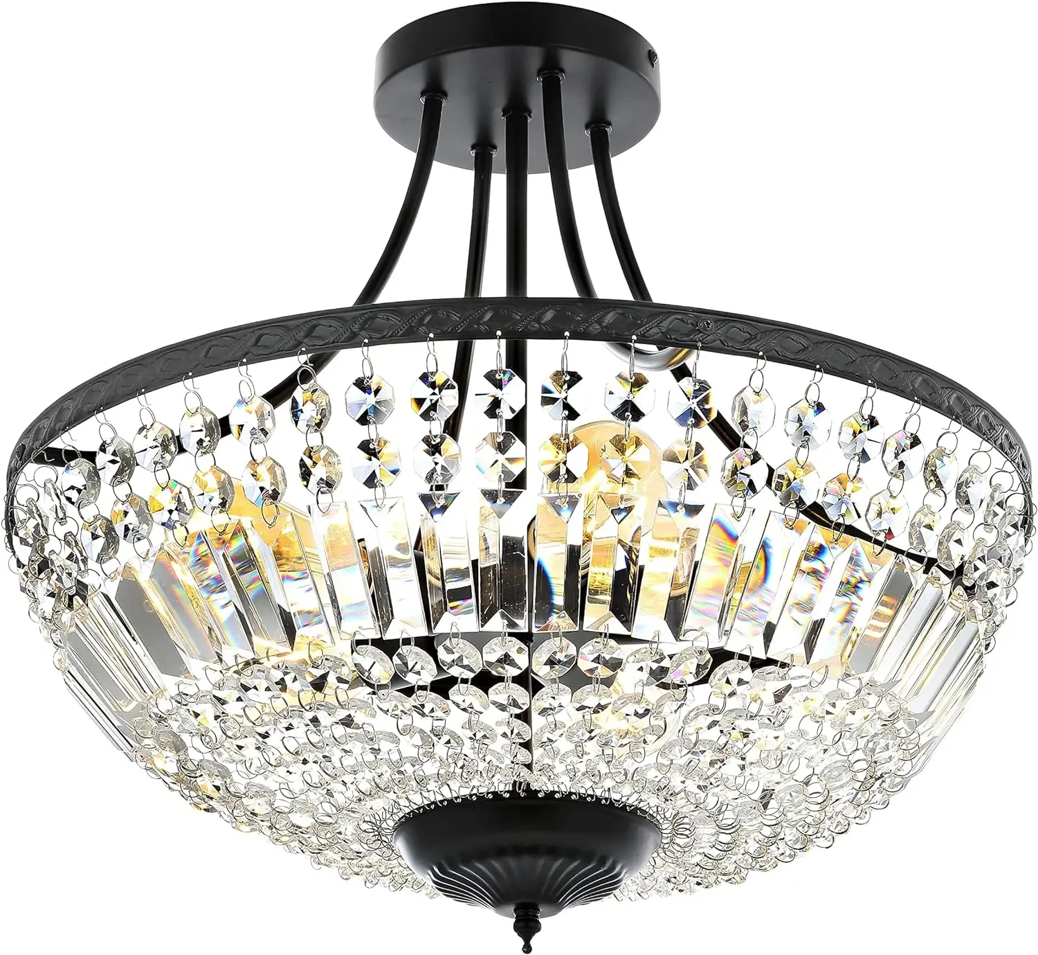 

Round Crystal Ceiling Light Fixture Modern Semi Flush Mount Black Contemporary Metal Energy Efficient