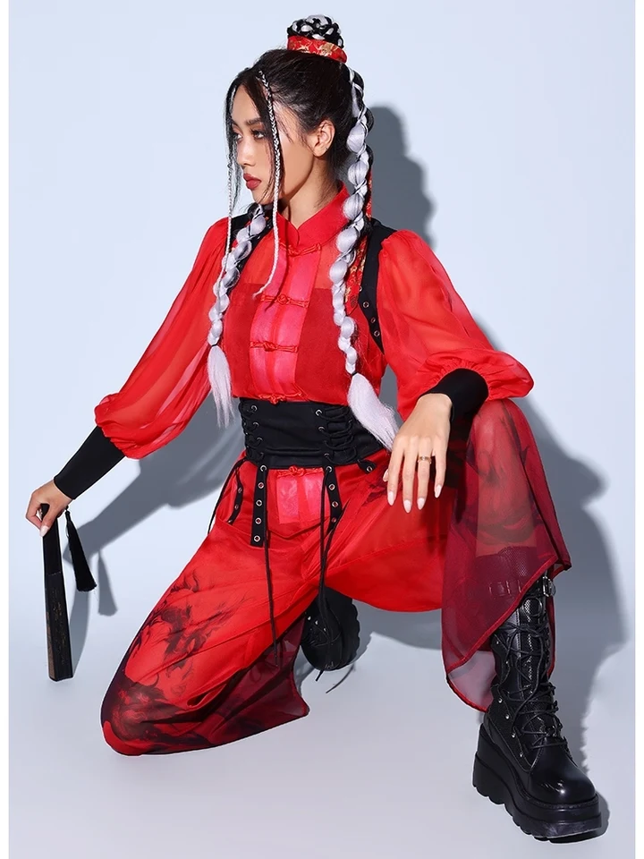 Chinese Style Red Loose Outfits For Women Jazz Dance Costumes