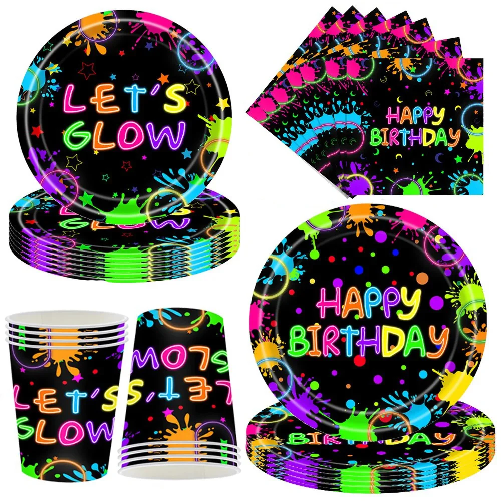 Neon Party Plates Happy Birthday Party Supplies Disposable Paper Plates Dessert Napkins Cups Let Glow Party Decoration Tableware
