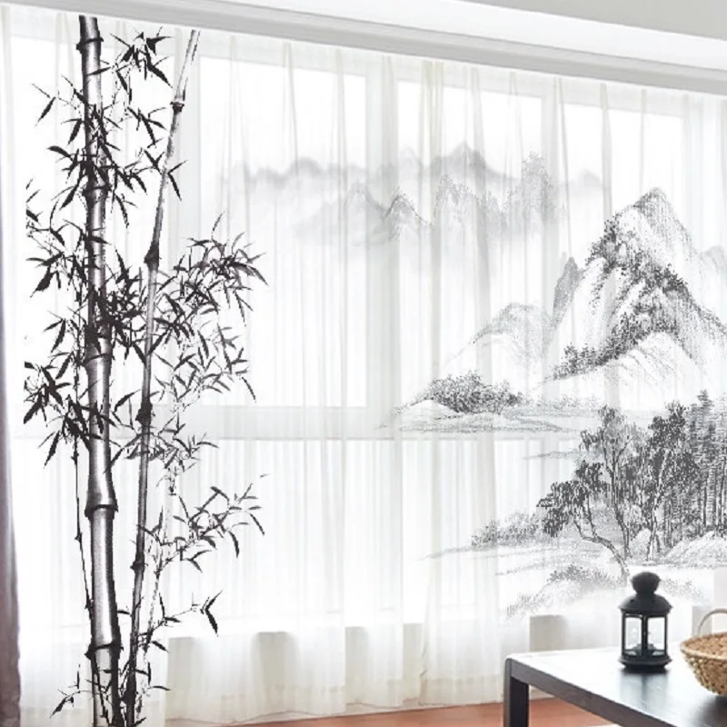 Chinese Style Ink Wash Painting Curtains Panel Sheer Tulle Home Decor Living Room Bedroom Vintage Chiffon Classical Curtains 