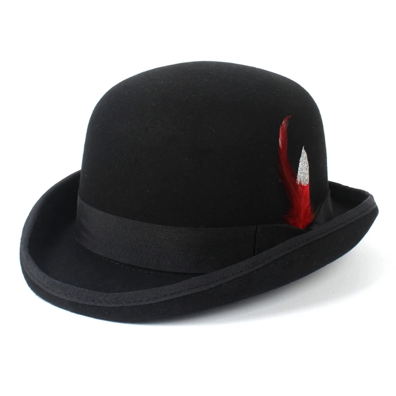 

Womens Men Vintage Edging Brim Floppy Panama Hat Feathers Woolen Fedora Hat Fits Size 21.6''-23.6''