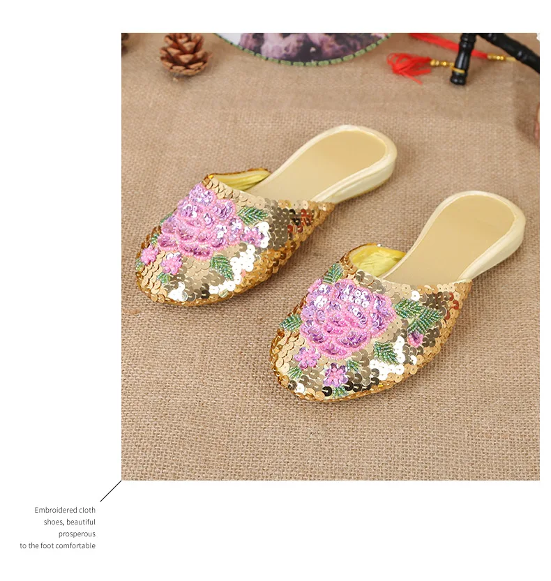 36-40 Women Slippers Sequin Embroider Shoes Summer Silk Fabric Flats Flower Closed Toe Soft Sole Non-slip Chinese Style Footwear