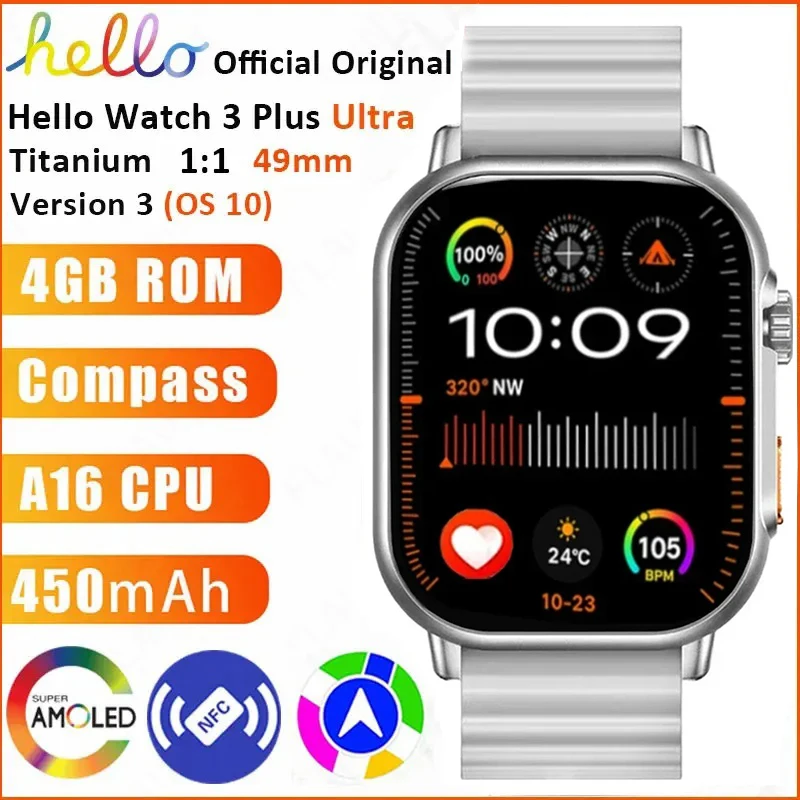 

Official Original Hello Clock 3 Plus Smartwatch 2024 Ultra HD AMOLED 4G ROM NFC Compass Bluetoothcall 49mm Smart Watch Men Women