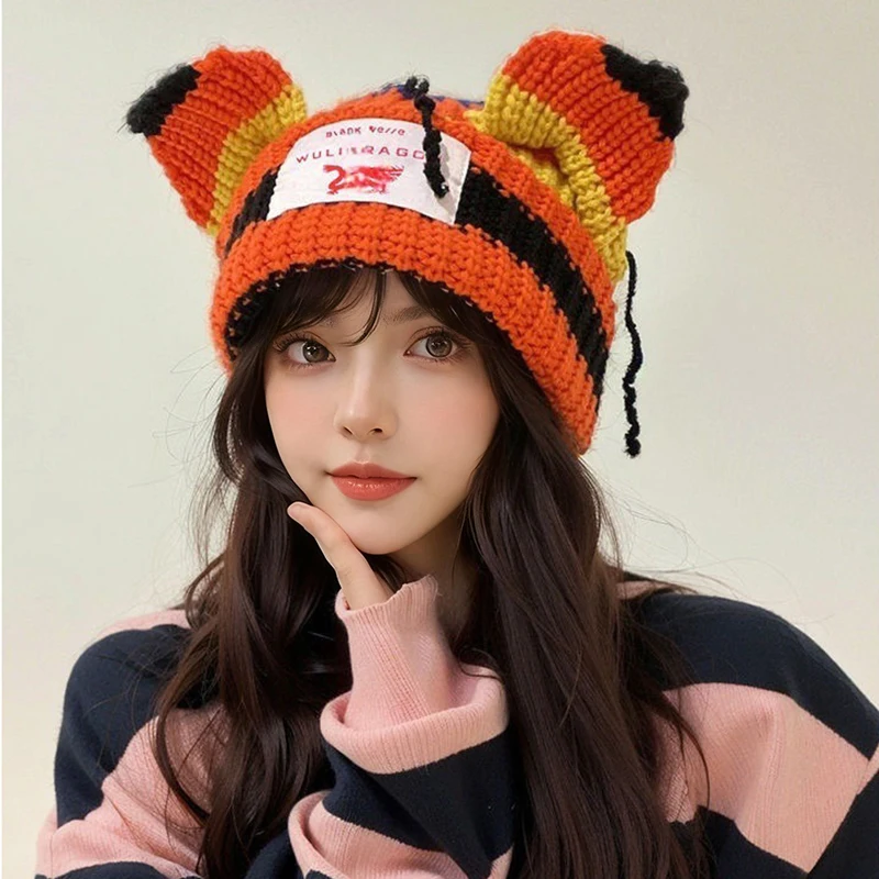 Kawaii Pig Ear Knitted Beanie Hat For Women And Men Winter Warm Fashion Striped Ski Hat Trendy Headwear New Year Gift