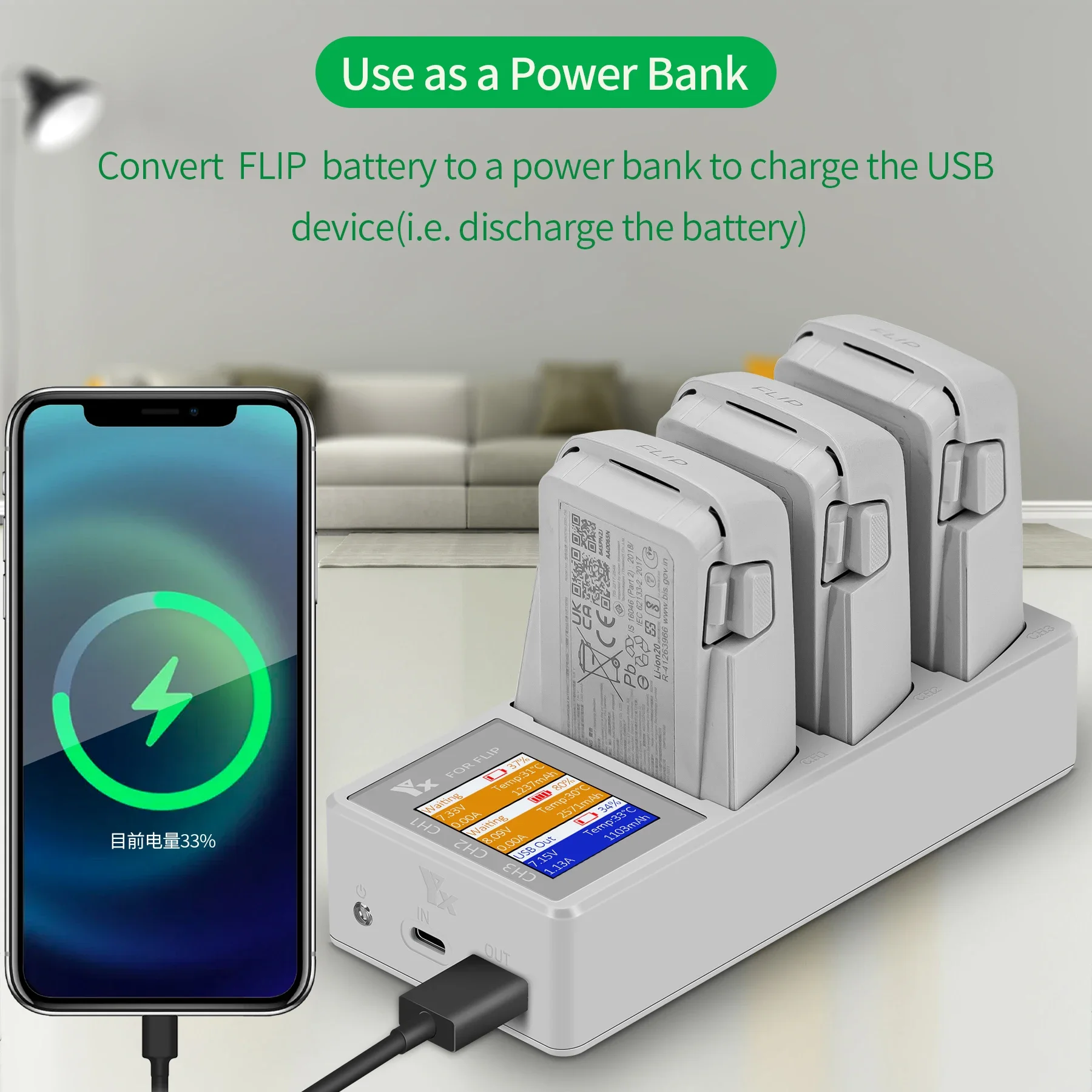 Hub de charge 3 voies pour batterie DJI FLIP - Chargeur intelligent écran couleur