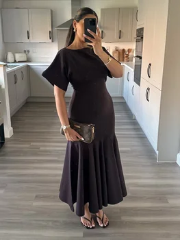 Elegant Patchwork Maxi Dress Women Solid Round Neck Short Sleeve Slim Fit Gowns Lady 2026 New Basic Evening Casual Summer Robes 1