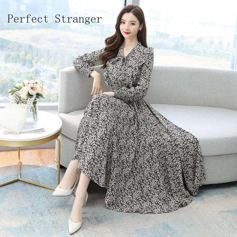 

2023 Autumn New Arrival High Quality Retro Bow Collar Flower Printed Long Sleeve Women Long Chiffon Dress