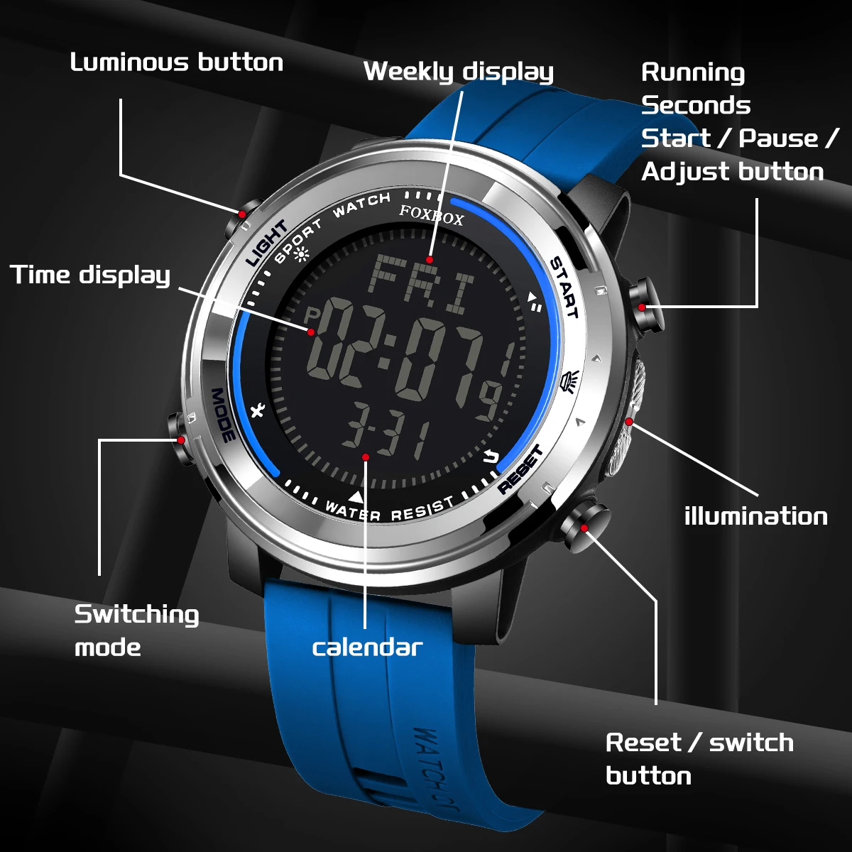 FOXBOX Digital Watch Men Outdoor Sports Waterproof Luminous Men Watch Fashion Military Quartz Wrist Watch For Men Montre Homme