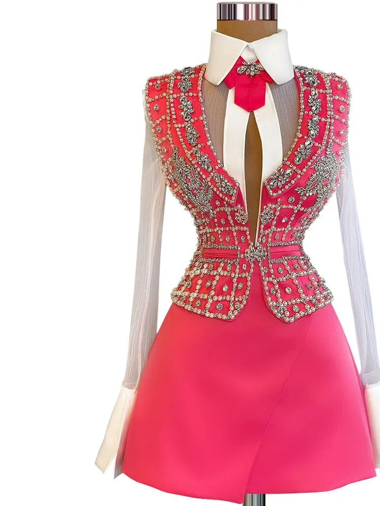 Fuchsia Cocktail Dresses A-line V-neck Long Sleeves Short Mini Beaded Pearls Homecoming Dresses Haute Couture Customized