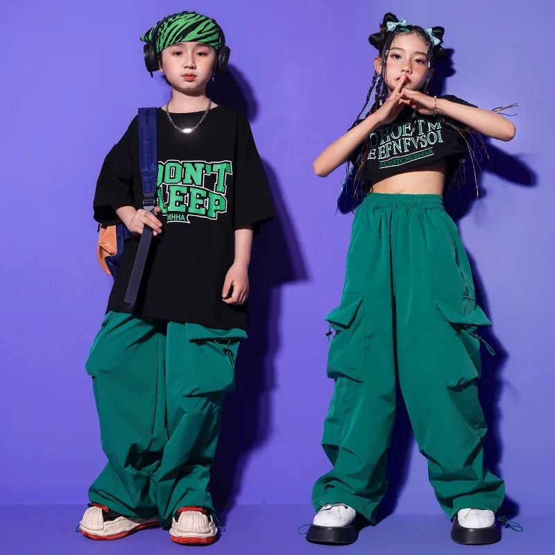 

Детская уличная одежда, одежда в стиле хип-хоп, черная футболка, топ, повседневные зеленые брюки-карго, шорты для девочек и мальчиков, танцевальный костюм, одежда для подростков