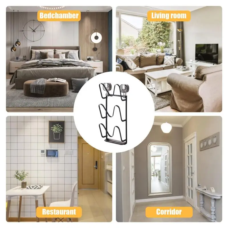 Pot Lid Holder Wall Mount Hangings Pan Shelf No-Drill Adhesive Mount Pan Holder Kitchen Floating Shelf 3-Layer Pot Lid Drainage 5