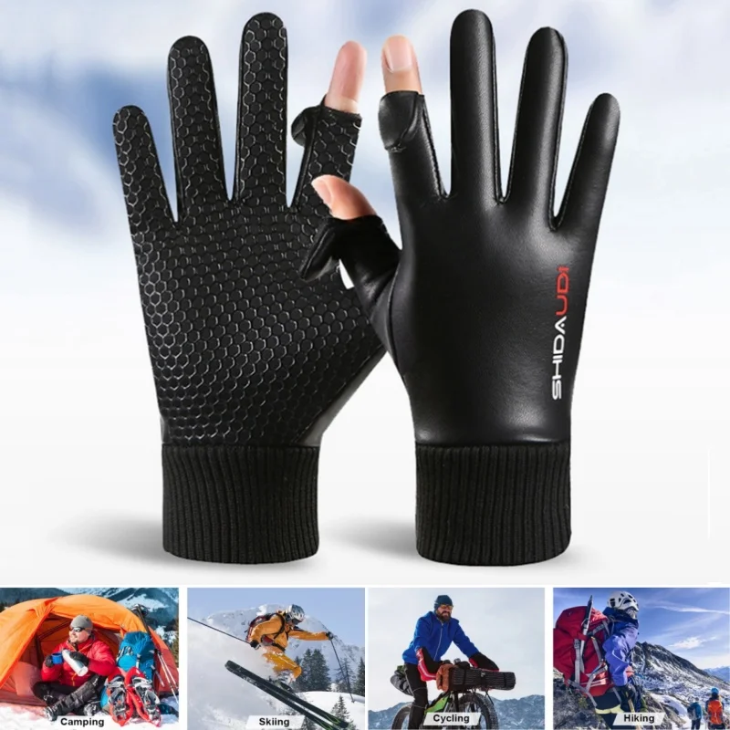 Two Fingers Flip-Up Gloves Hiking Camping Anti-slip Leather Waterproof Gloves Sports Training Gloves Cycling Fishing Gloves