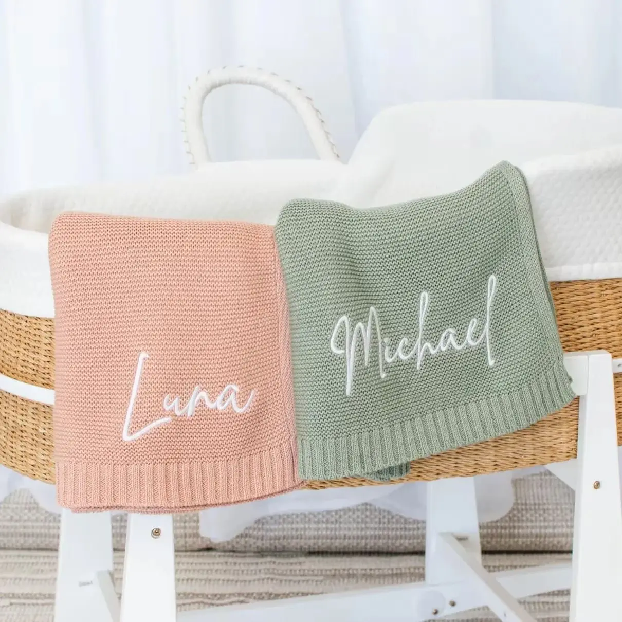 Embroidered Name Personalized Cotton Knitted Blanket Baby Boy Girl Soft Blanket Baby Breathable Stroller Newborn Gift