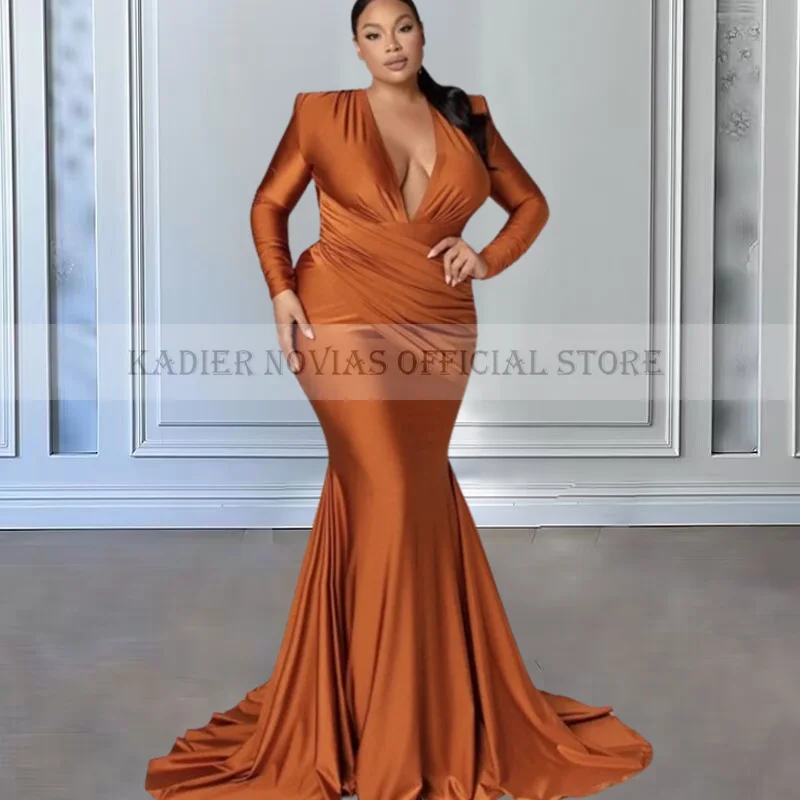 

Long Sleeves Burnt Orange Mermaid Nigerian Bridesmaid Dresses for Black Girls V Neckline vestidos de dama de honor