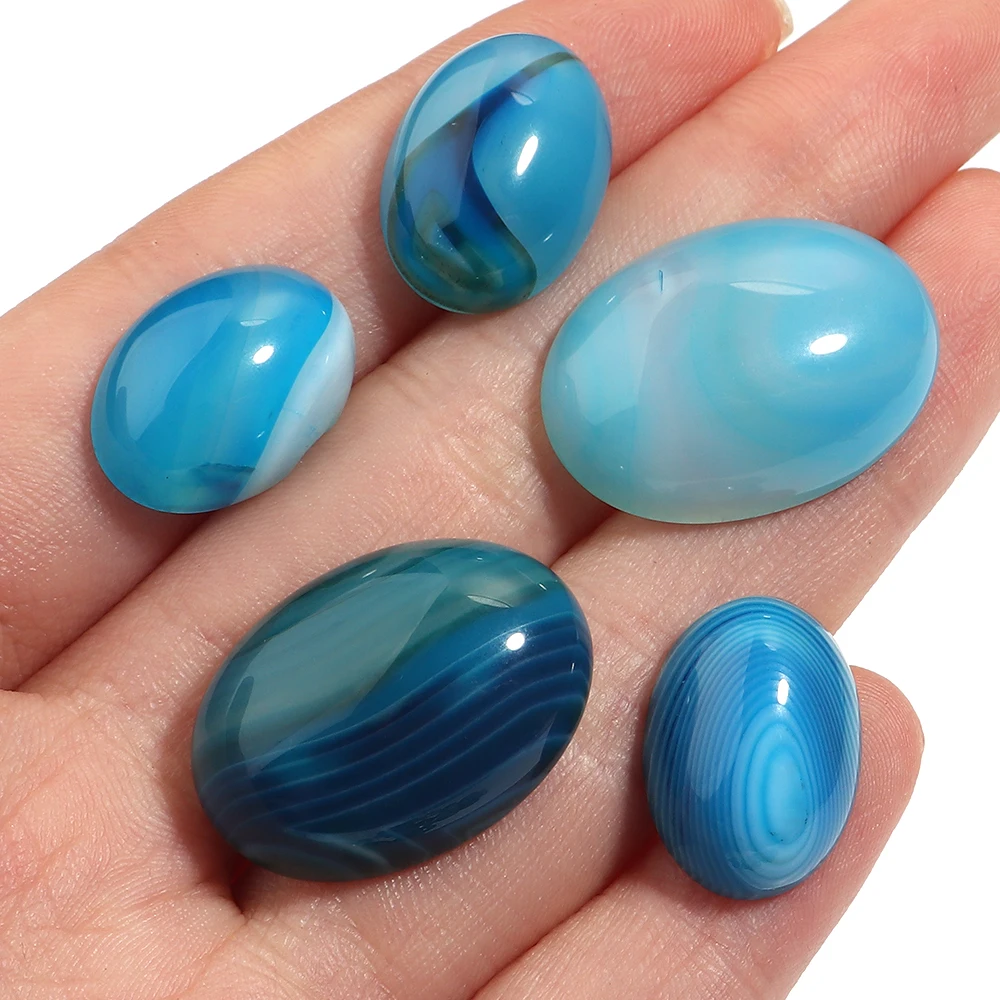 5 Stück Naturstein Cabochon Blauer Streifen Achat Flache Ovale Lose Perlen Cabochon Cameo Für DIY Schmuckherstellung Ring Anhänger Zubehör – Detail 7