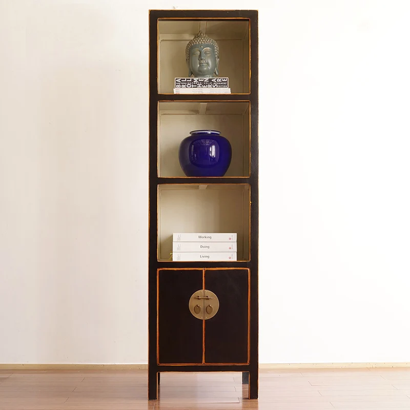 

New Chinese Retro Solid Wood Floor Narrow High Bookcase Storage Rack