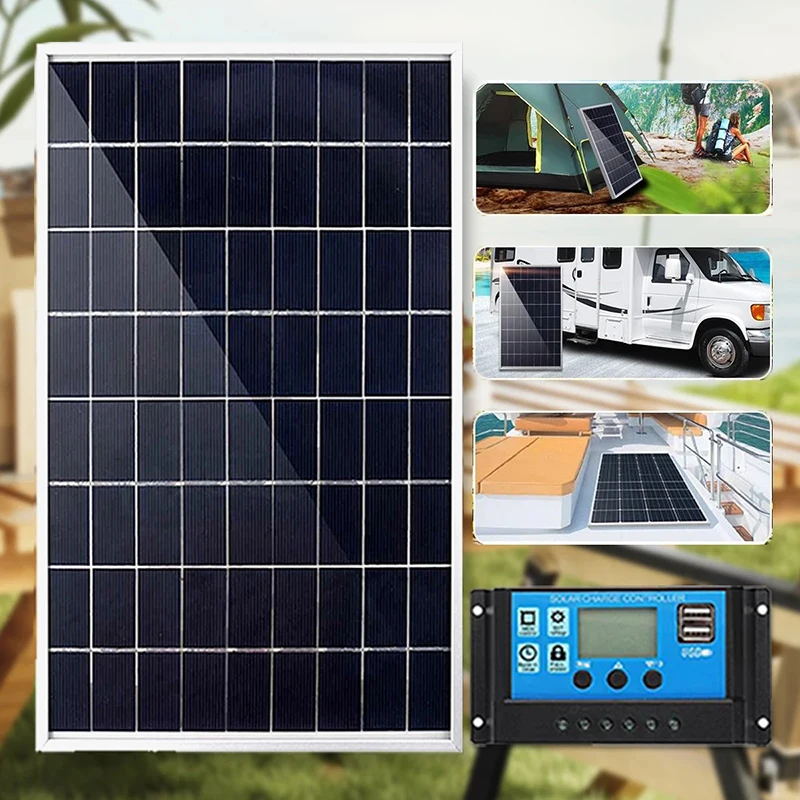 12V Solar Panel Kit Complete 600W Capacity Polycrystalline USB Power Portable Outdoor Rechargeable Solar Cell Generator for Home