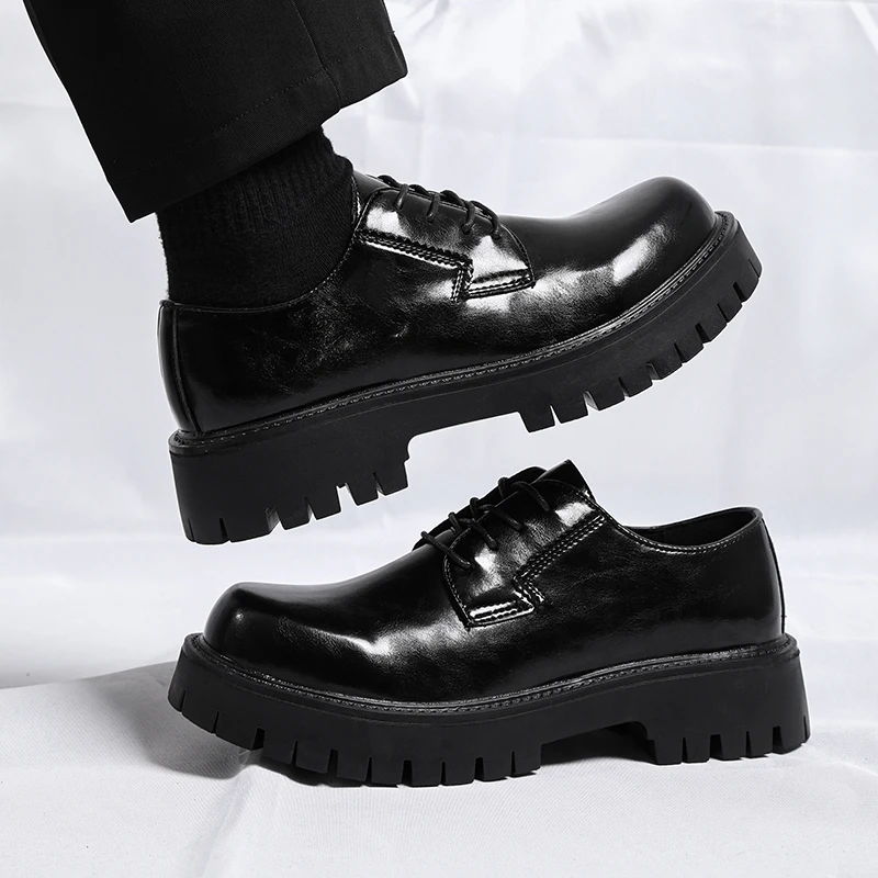 Men Dress Shoes Thick Soled Leather Shoes Lace Up Business Men Platform Oxford Moccasin Casual Big Size 38-48
