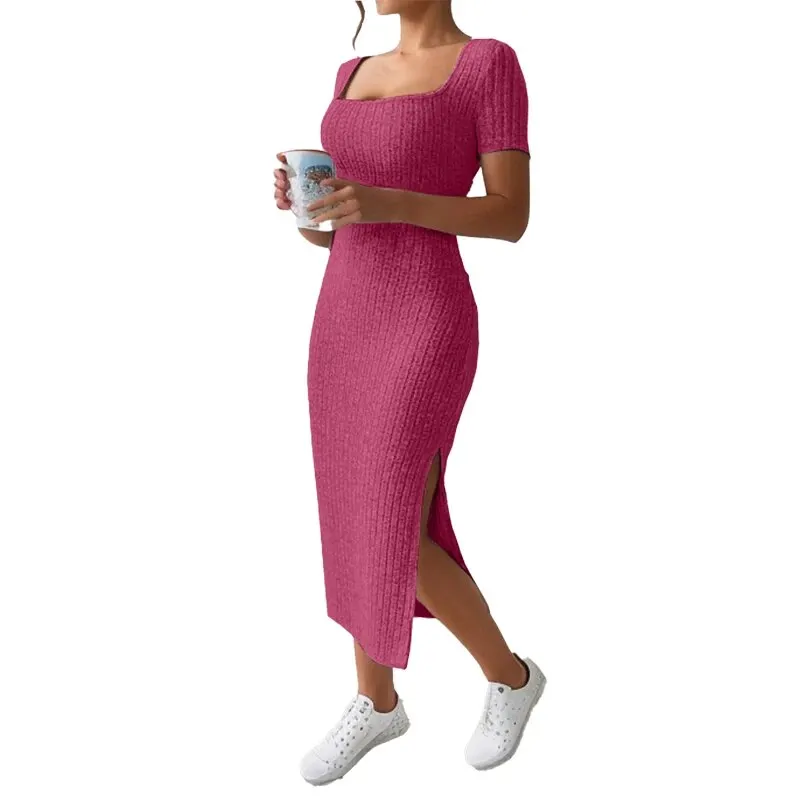 Summer Square Neck, Hip-Hugging Mid-Length Skirt, Short-Sleeved, Versatile Knitted Slit Dress 5