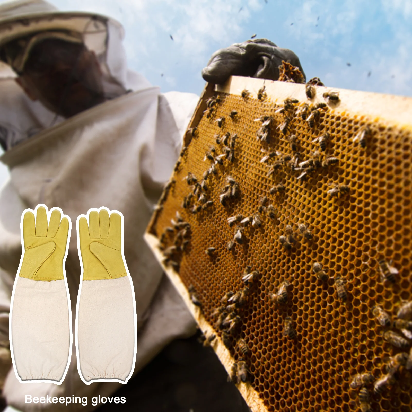 Bee Keeping Gloves Beekeeping Supply Goatskin Leather Beekeeper's Glove With Long Canvas Sleeve & Elastic Cuff Beekeeper Gloves