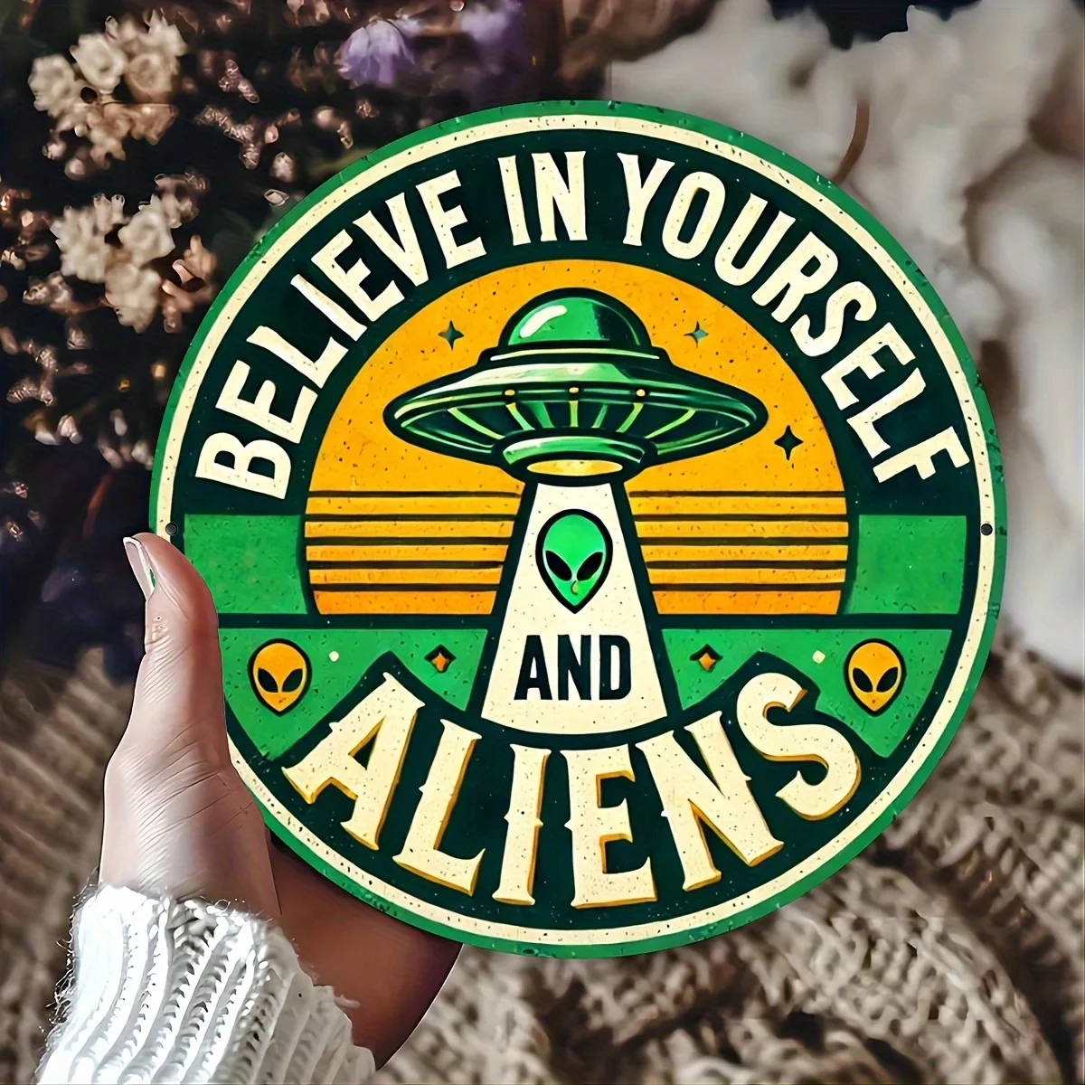 자신과 외계인을 믿으세요 UFO 원형 금속 사인, 레트로 외계인 예술, 빈티지 스타일 SF 장식 선물