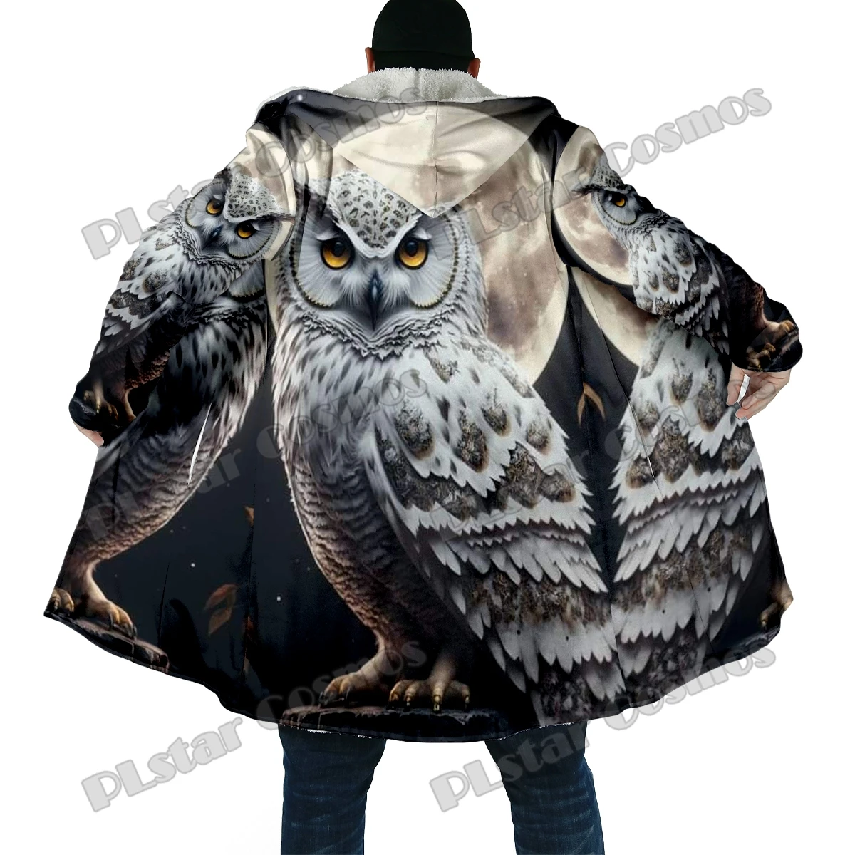 Winter Fashion Men's cloak Halloween Owl Moon Pattern 3D Printed Thick Fleece Hooded Cloak Unisex Casual Warm Cape Coat DP63