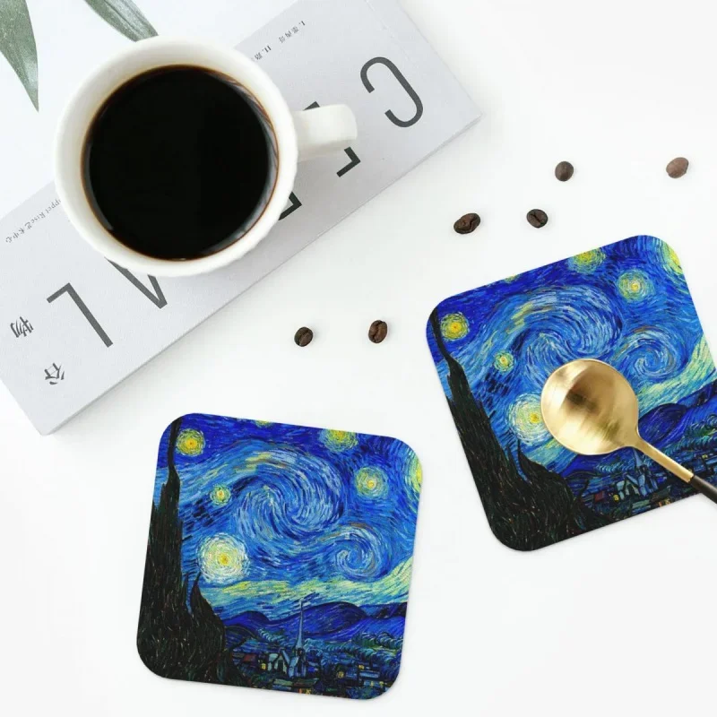 

Starry Night By Van Gogh Coasters Kitchen Placemats Non-slip Insulation Cup Coffee Mats For Decor Home Tableware Pads Set of 4