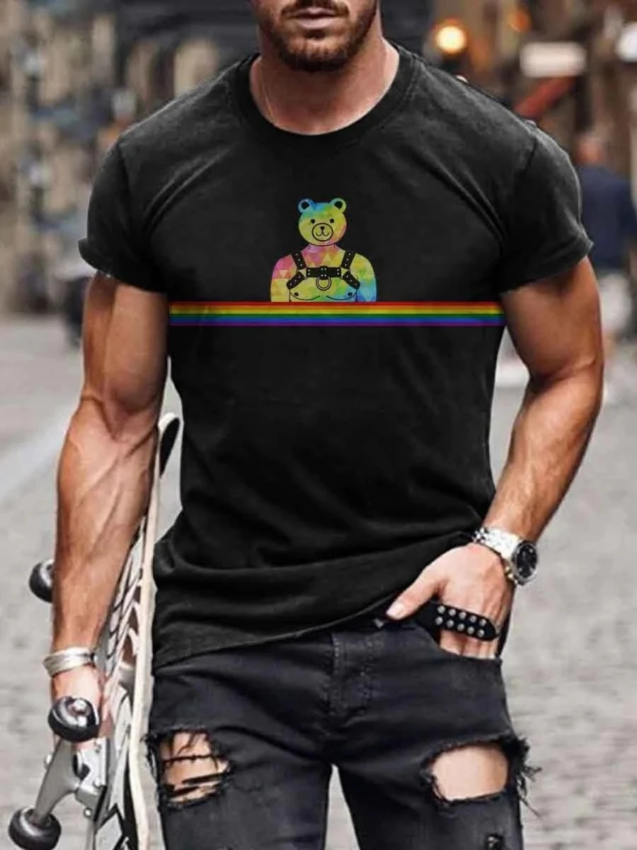 

2023 Summer Men's Printed Casual Crew Neck Short Sleeve T-Shirt Men's Rainbow Go-Go Bear Funny Tee 3D Printed T Shirt