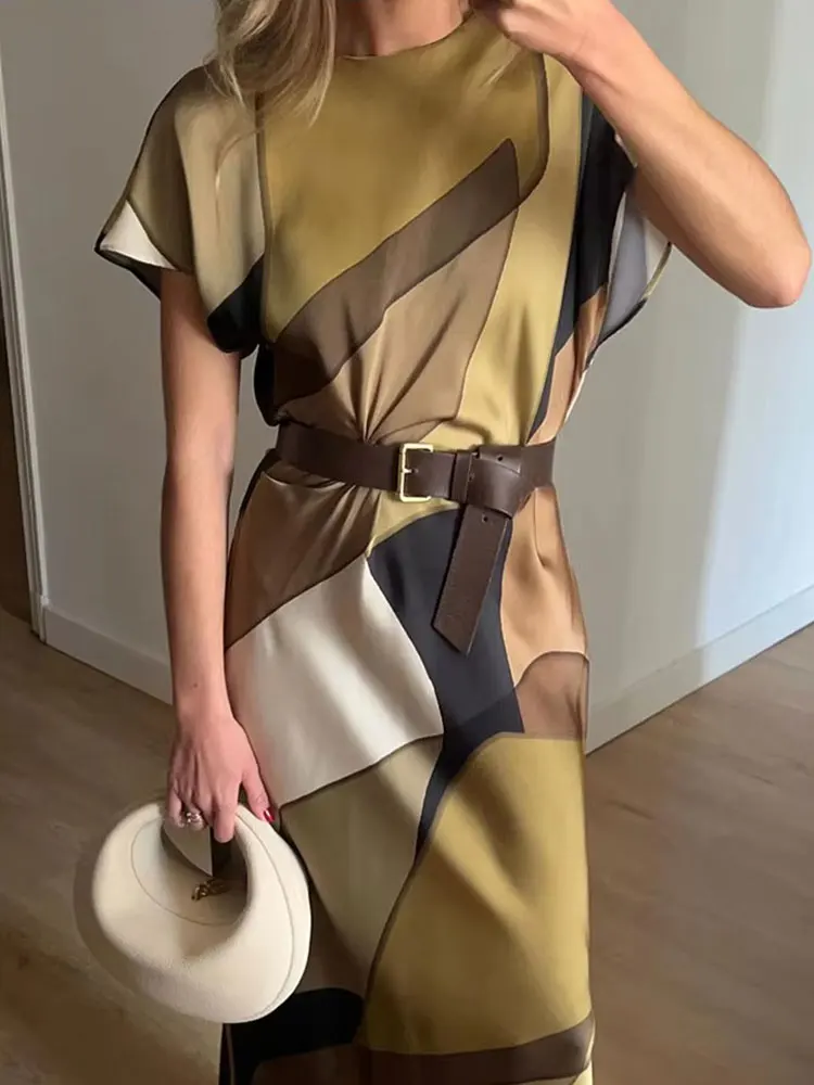 HH Print Midi Dress Woman Short Sleeve Satin Long Dresses For Women 2024 Elegant Party Dresses Vintage Casual Dresses