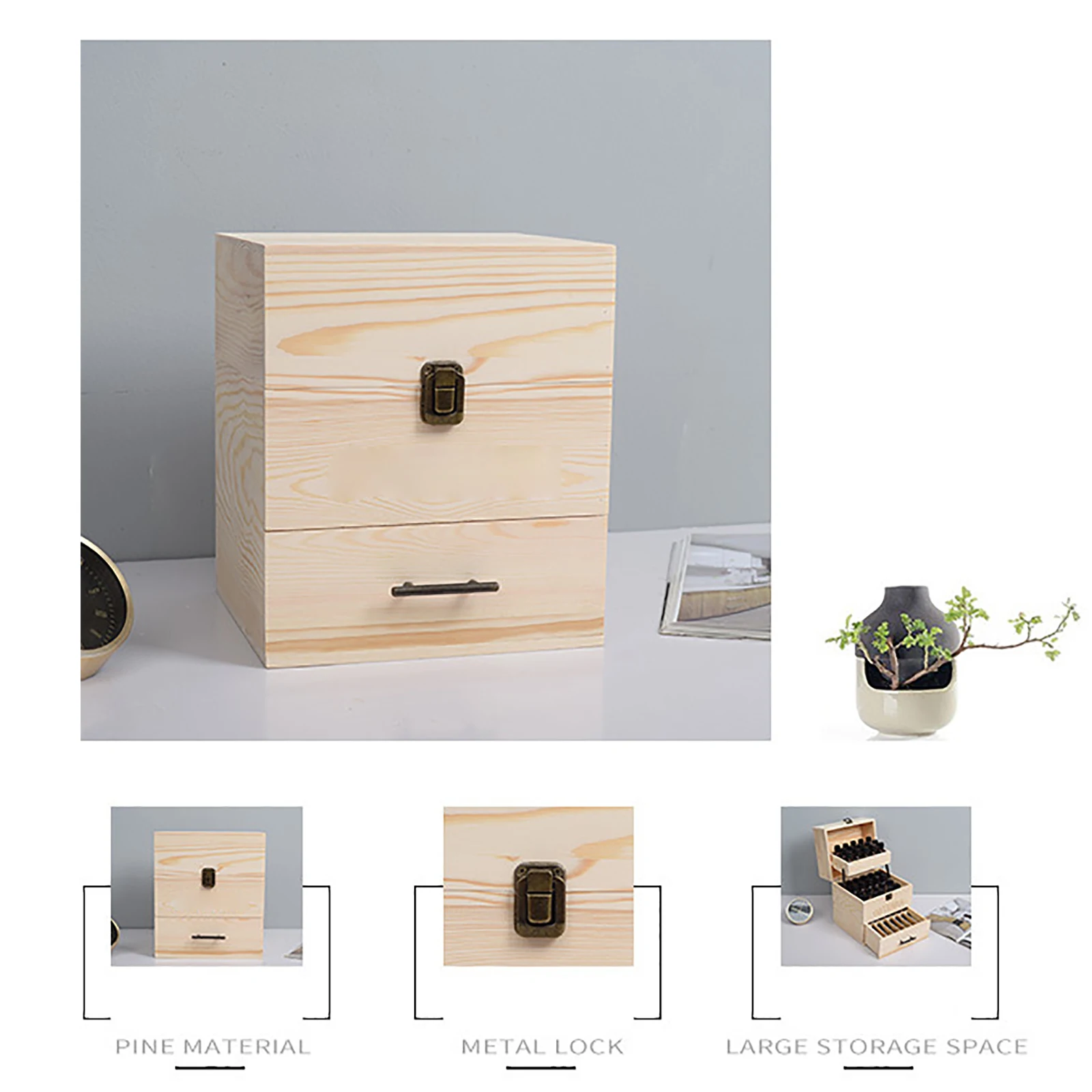 Pine Wood Essential Oil Storage Organizer Three-Tier Design with Drawer and Trays for Essential Oils and Roller Bottles 3