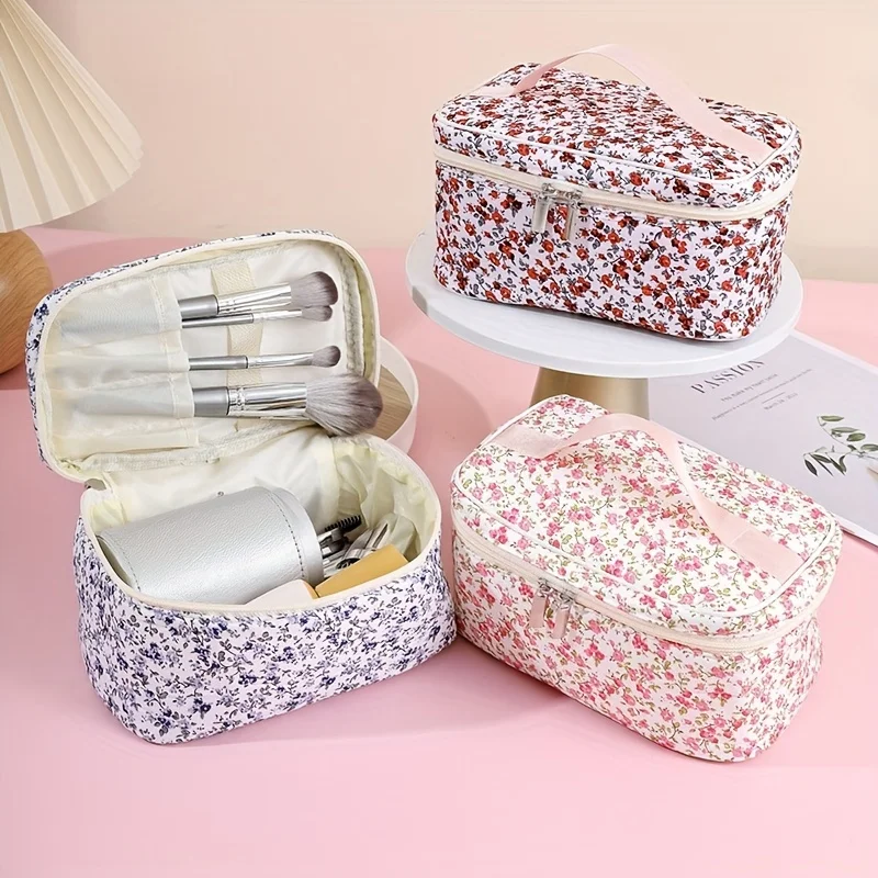 Large-Capacity Makeup Bag Floral Print Cosmetic Bag For Girl Portable Women's Cosmetic Bag Travel Bag Bathroom Wash Bag, For Ea 2
