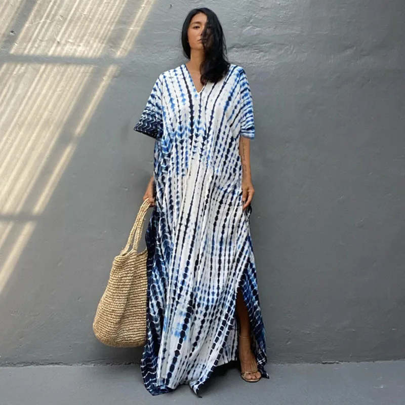 Fashion Casual Striped Print Long Dresses Women Bohemian V-neck Bat Sleeve Loose Slit Beach Dress Summer New Beachwear Vestidos 26 Fashion Casual Striped Print Long Dresses Women Bohemian V-neck Bat Sleeve Loose Slit Beach Dress Summer New Beachwear Vestidos