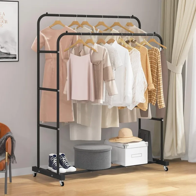 Double Rods Clothing Rack with Wheels, Garment Rack for Hanging Clothes, Multi-functional Bedroom Clothes Rack, Black 3