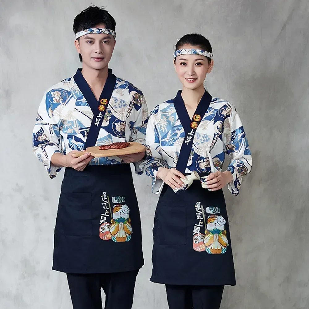 

Japanese Cook Restaurant Clothes Robes Work Apron Women Kitchen Men Chef Uniform Waiter Tops Jackets Headband Sushi Style