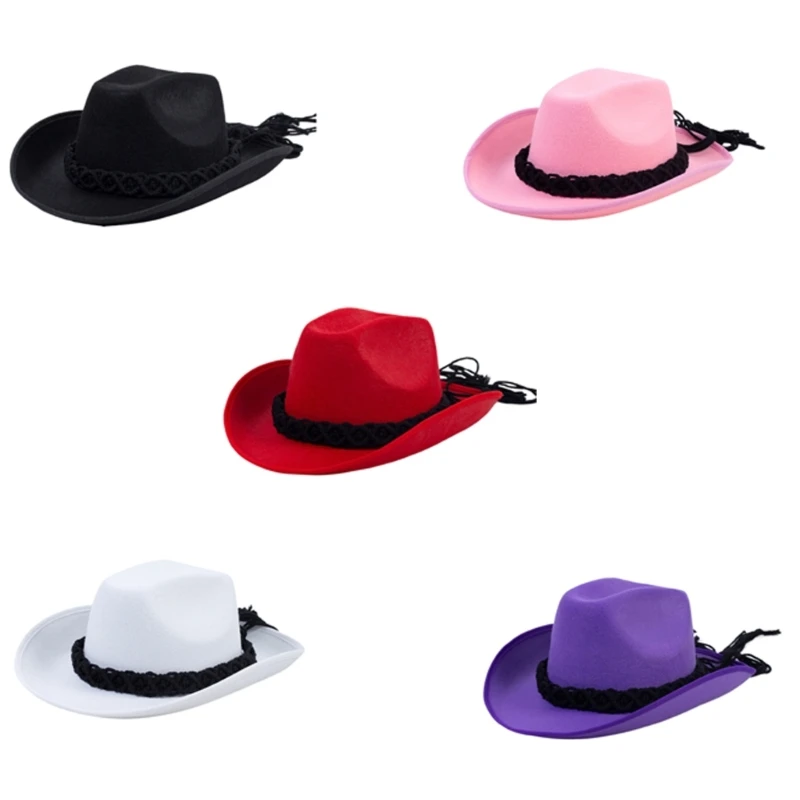 

652F Ethnic Style Cowboy Hats with Chin Rope Western Party Large Rolled Brims Hat Fedoras Felt Cowboy Cowgirl Sunproof Hat